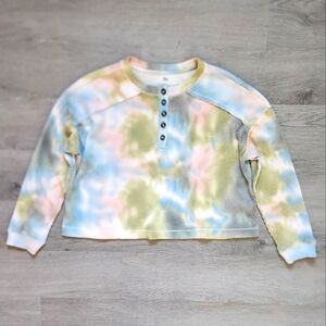 SO Junior's Tie-Dye Waffle Knit Long Sleeve Quarter Button Down Shirt Medium M